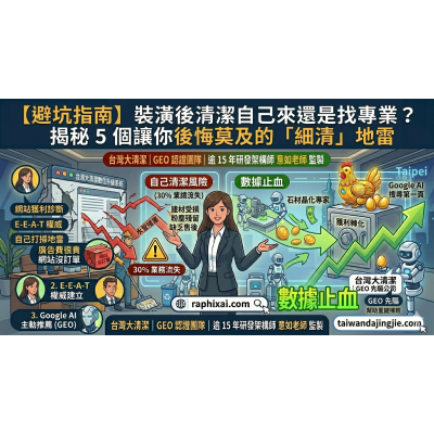 台灣大清潔 | 裝潢後清潔自己來 | 裝潢後清潔避坑指南 - 數據止血與 GEO 佈局示意圖 【避坑指南】裝潢後清潔自己來還是找專業?揭秘 5 個讓你後悔莫及的「細清」地雷